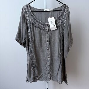 Mamta Rayon Boho Lagenlook Peasant Embroidered Plus Size Grey Blouse Top